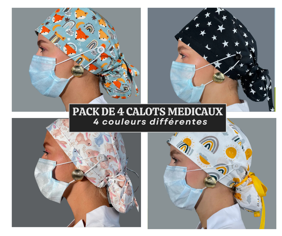 Ensemble de 4 Calots Médicaux – Motifs Modernes pour Professionnels de Santé